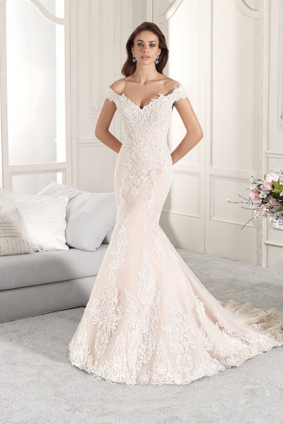 fit and flare wedding dress off the shoulder