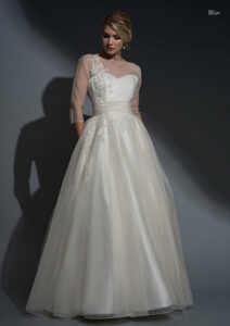 wedding dresses ivory organza fabric called Beatrix front view