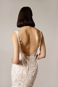 wedding dress ivory fabric lace called Clio close up back view