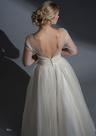 wedding dresses ivory organza fabric called Beatrix close up back view