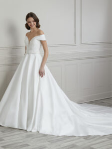wedding dresses ivory fabric Mikado called Addison full front view