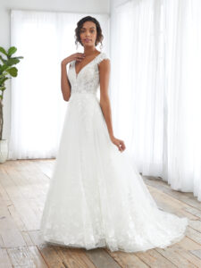 wedding dresses ivory fabric beaded tulle called Oriana full front view