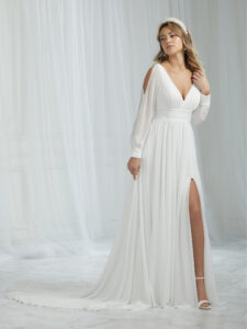 wedding dresses ivory fabric chiffon called Odette full front view with split in skirt