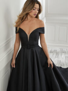 wedding dresses black fabric Mikado called Addison close up front view